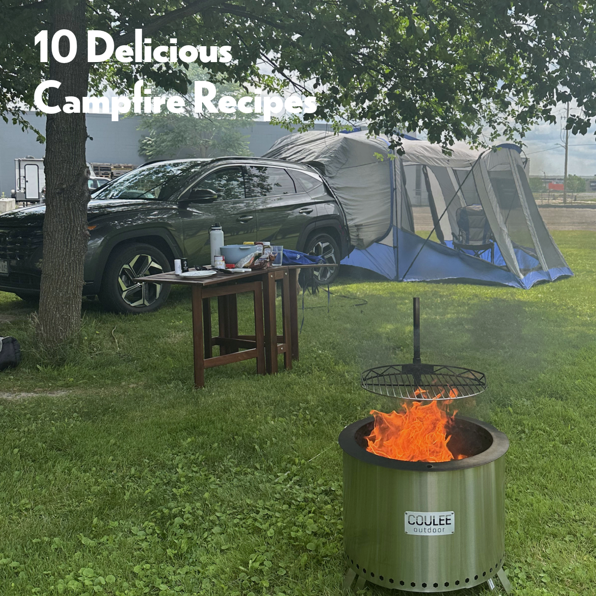 Campfire set up for cooking, SUV Sportz tent